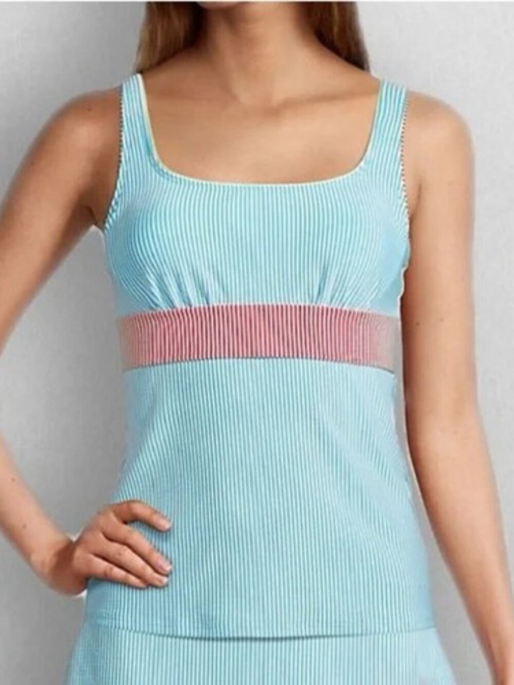 Lands End Tur/Red/Pin Stripe Tankini Top & Tummy Control Swim Skirt Size 8